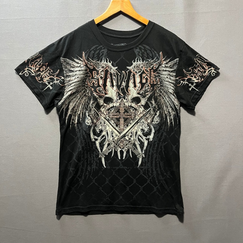 Fresh Laundry Savage Graphic T-Shirt Mens Medium Black Skull Wings Cross Y2K Tee